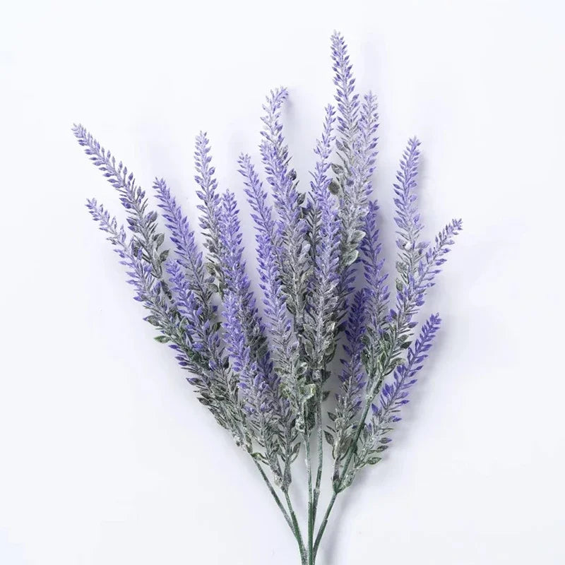 A sprig of artificial lavender flowers with purple-blue spikes.