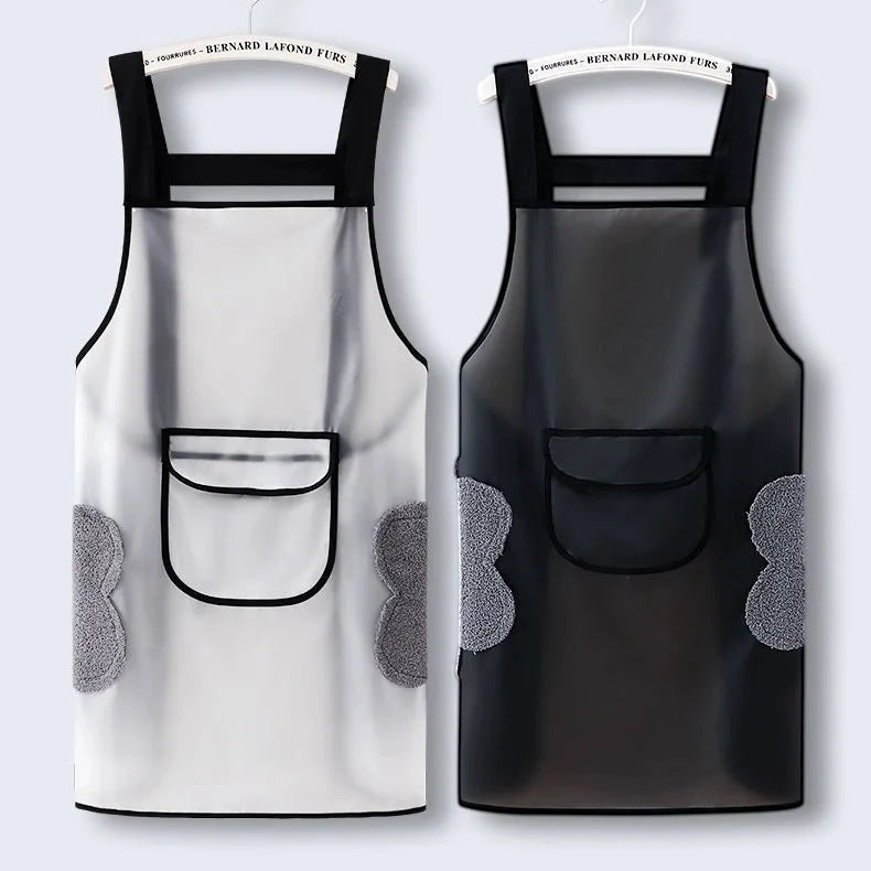 A black waterproof transparent kitchen apron with mesh pockets and gray accents.