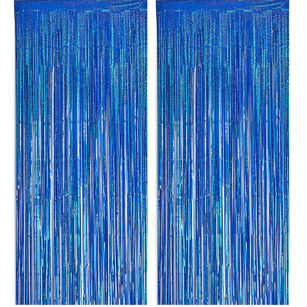 Blue tinsel fringe curtain backdrop set with shimmering vertical strands