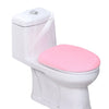 A white toilet with a pink protective seat cover installed.