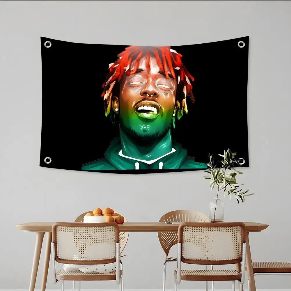 Porträt eines Mannes mit Dreadlocks, der in grün-gelber Farbe dargestellt ist, auf einer schwarzen Flagge.