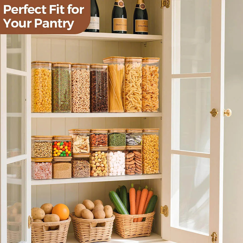 A pantry shelf filled with various glass storage canisters containing grains and dry goods.