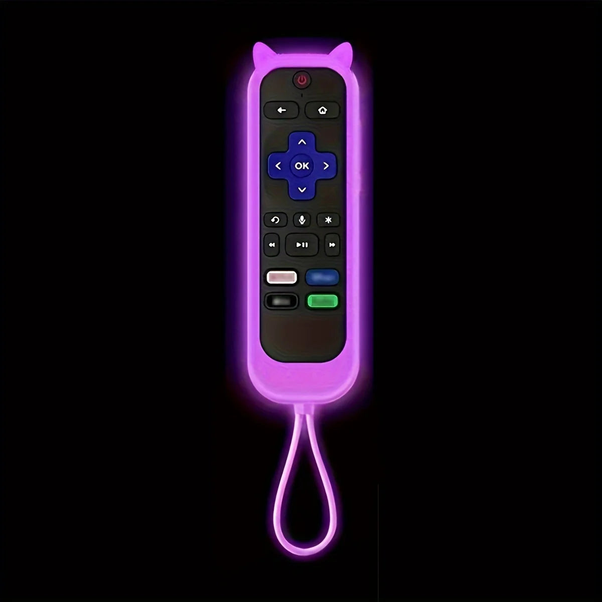 A purple glow-in-the-dark remote cover with cat ear shaped ends and a flexible cord.