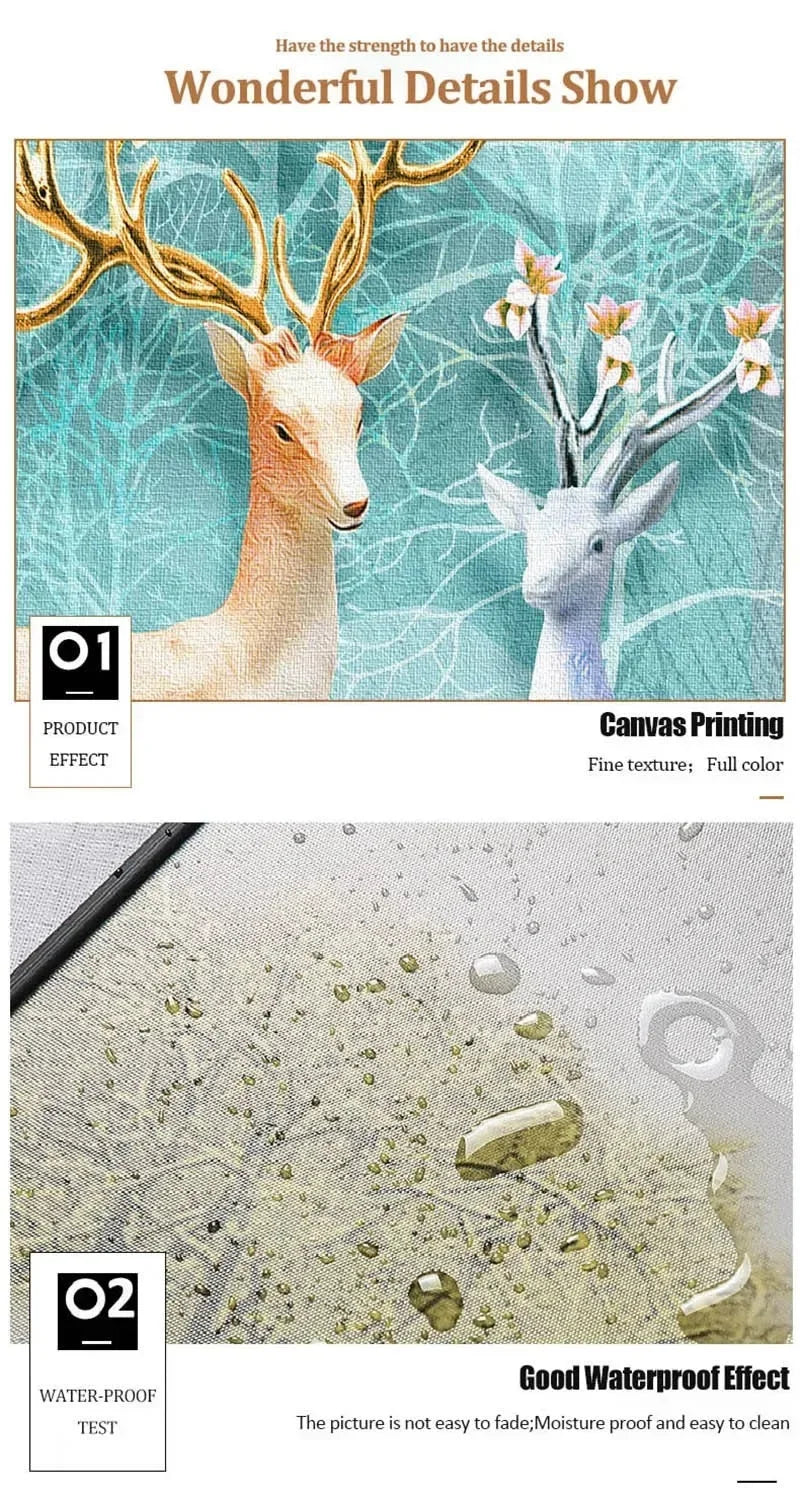 Canvas printing showing a deer head with antlers and a white goat head, demonstrating fine texture and waterproof effect.