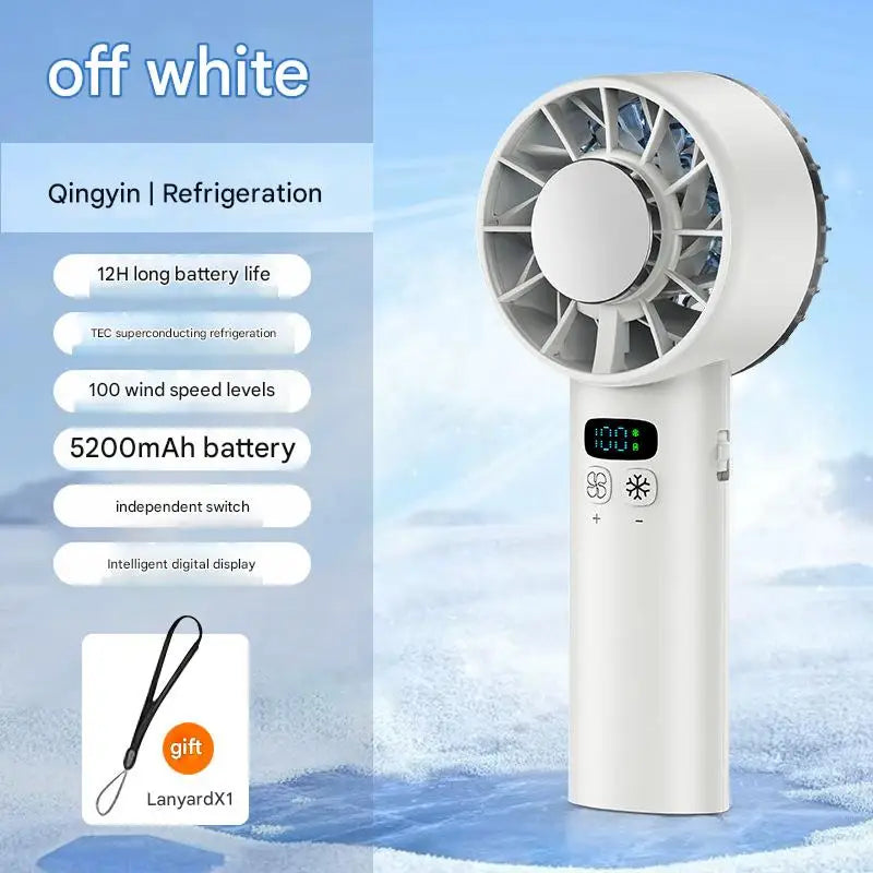 A white ice compress fan is shown standing on a surface, with a lanyard visible nearby.
