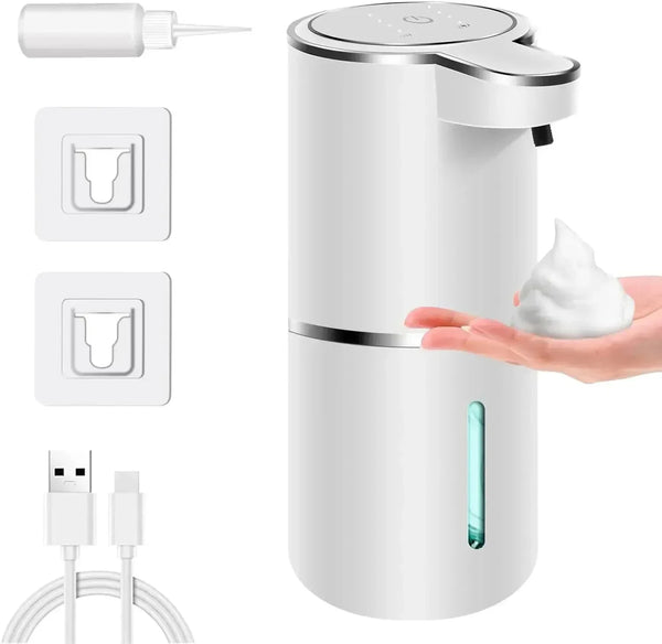 A white touchless automatic foaming soap dispenser with separate pump attachments and a foam dispensing mechanism.