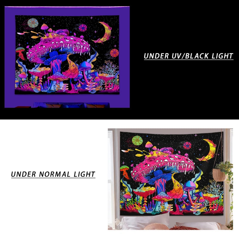 Fluoreszierender Pilztapisserie unter UV-/Blacklight und normalem Licht dargestellt.