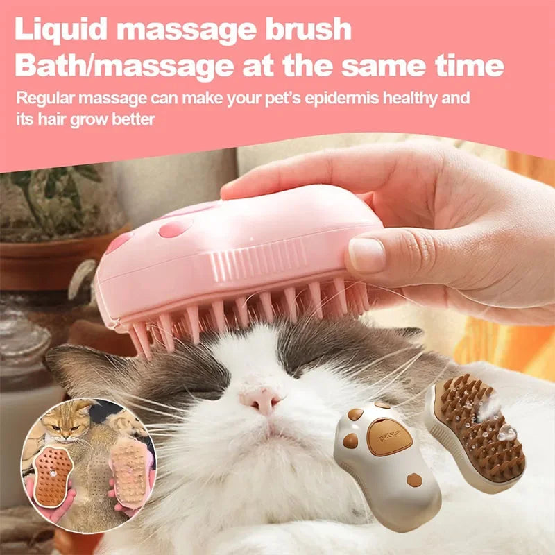 A pink liquid massage brush is being used on a cat's fur for grooming.