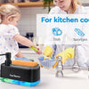 Set of 3 kitchen soap dispensers with dish sponges and hand soap on a white counter.