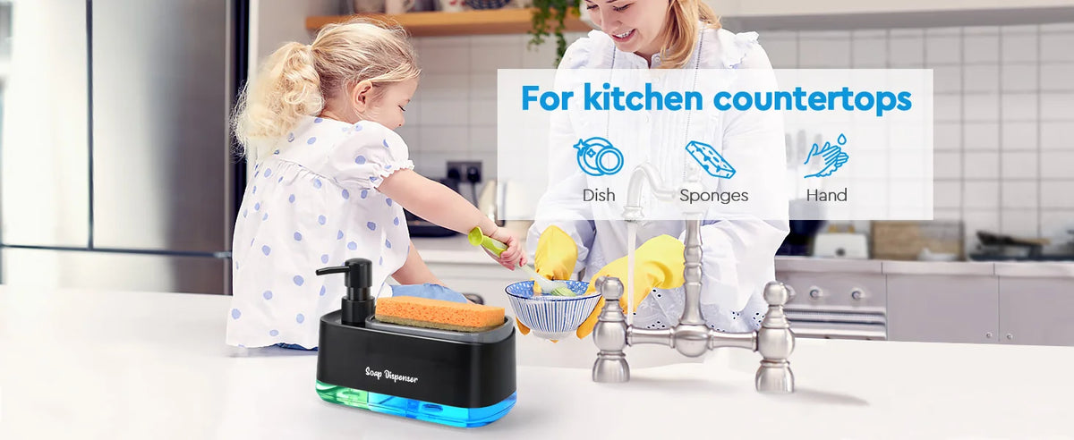 Set of 3 kitchen soap dispensers with dish sponges and hand soap on a white counter.