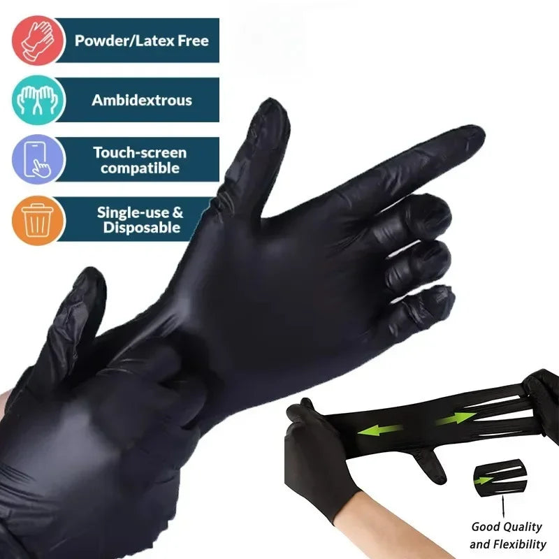 A hand wearing a black disposable nitrile cleaning glove is shown, highlighting its features like latex-free and touch-screen
