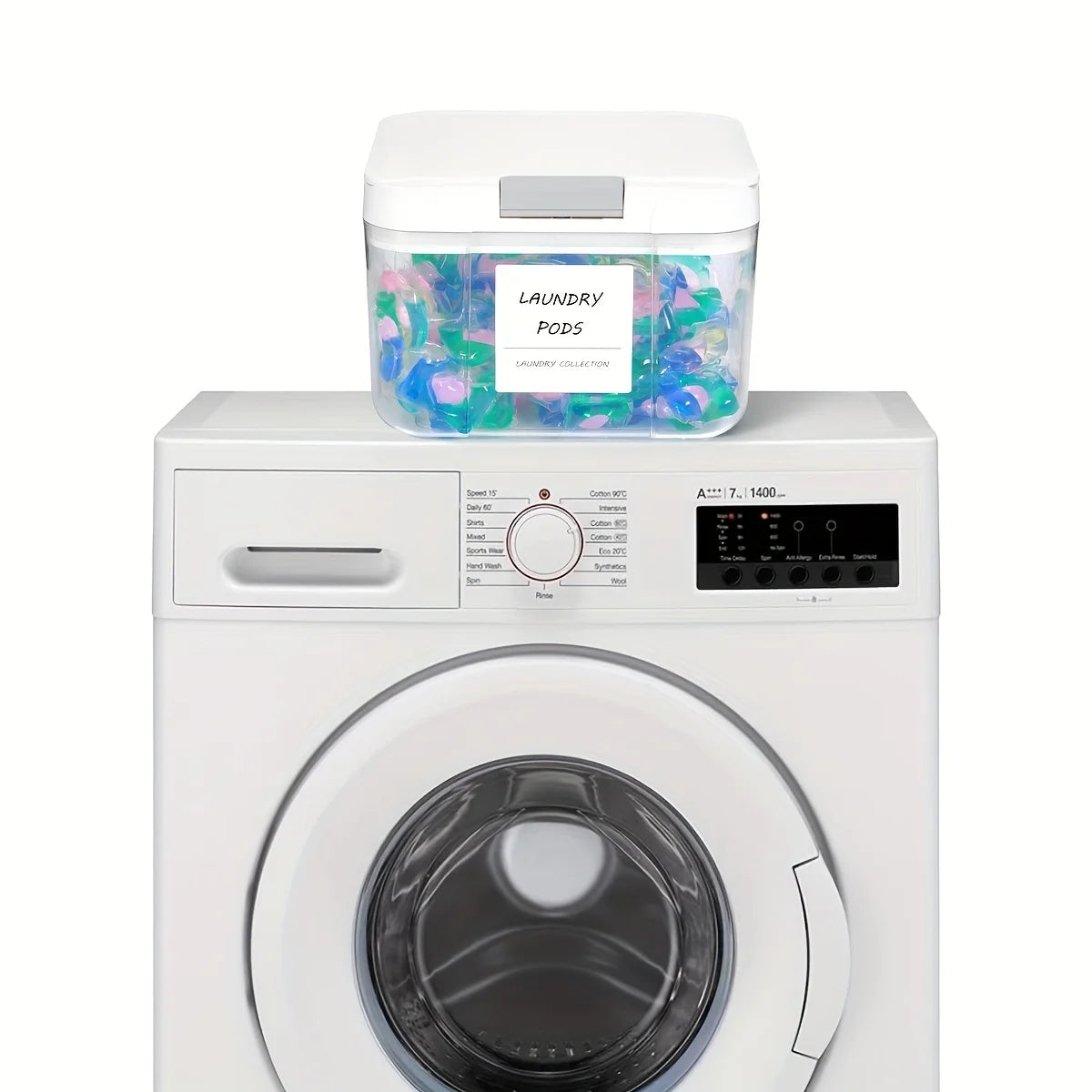 A white laundry pod organizer with colorful pods is placed on top of a white washing machine.