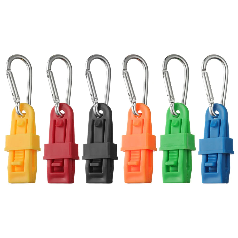 A set of six colorful durable glove clips with ergonomic buckles in yellow, red, black, orange, green, and blue.
