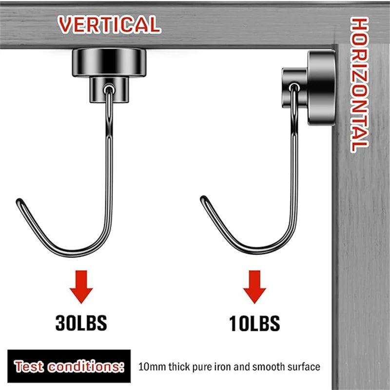 Two magnetic hooks are shown, one vertical and one horizontal, demonstrating a 30lbs and 10lbs load capacity.