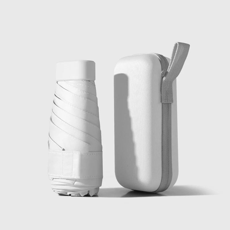 A white compact 5-fold travel umbrella with a protective sleeve is shown against a light gray background.