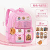 Pink capybara style school backpack for children with various accessories and compartments