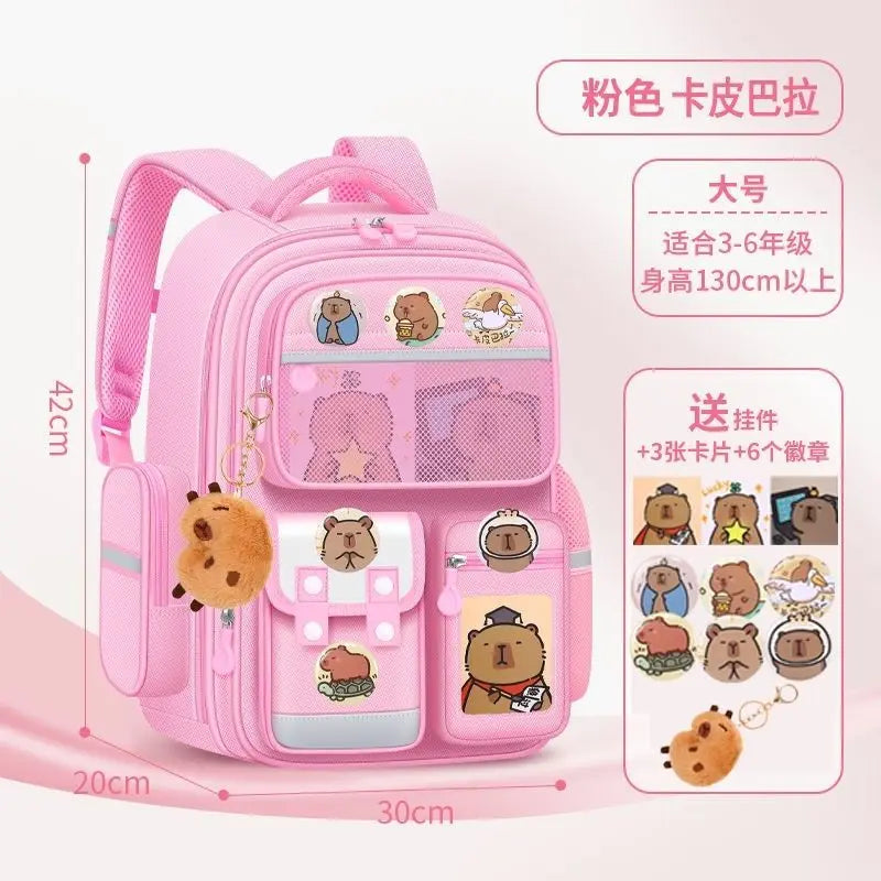 Pink capybara style school backpack for children with various accessories and compartments