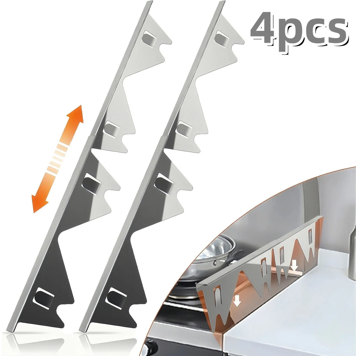 Four stainless steel stove gap covers shown in various angles and a close-up of one covering a stove opening.