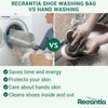 Comparison graphic showing the benefits of a Recrantia shoe washing bag versus hand washing.