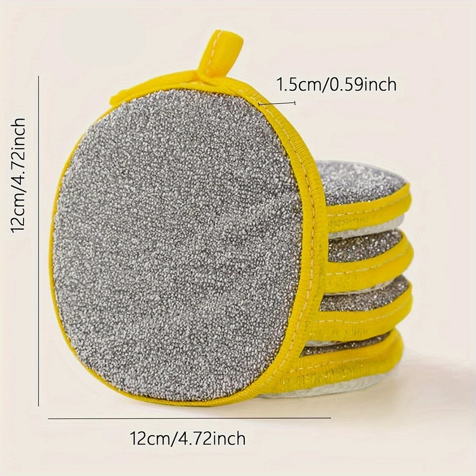 A set of yellow reusable double-sided dishwashing sponges with a gray textured surface.