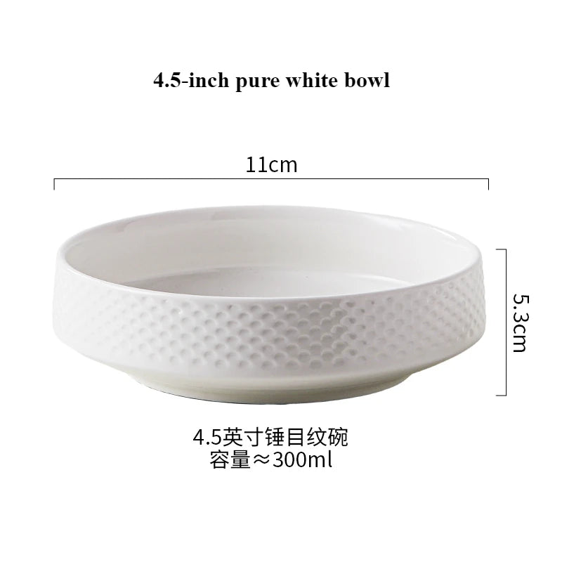 A 4.5-inch pure white ceramic bowl with a textured rim and a 5.3cm height.