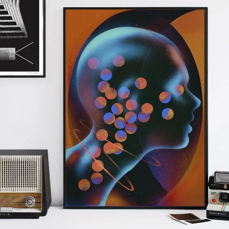 Abstract futurism canvas wall art print featuring a stylized silhouette of a human head with glowing blue and orange accents.