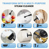A collection of various steam cleaning tools including brushes, cloths, and a specialized iron brush for multi-purpose cleani