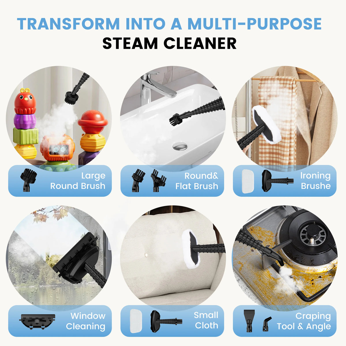 A collection of various steam cleaning tools including brushes, cloths, and a specialized iron brush for multi-purpose cleani
