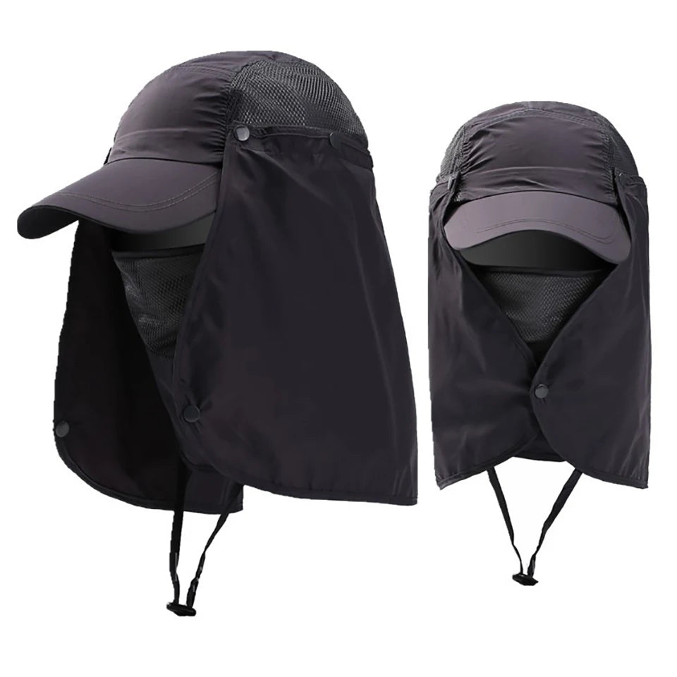 Black UV protection fishing sun hat shown in a folded or partially opened state.