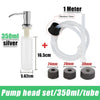 A set of a 350ml silver liquid soap dispenser pump with a clear tube and various sized pump heads.