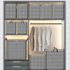 A storage cabinet displaying various plaid and checkered fabric storage boxes and hangers.