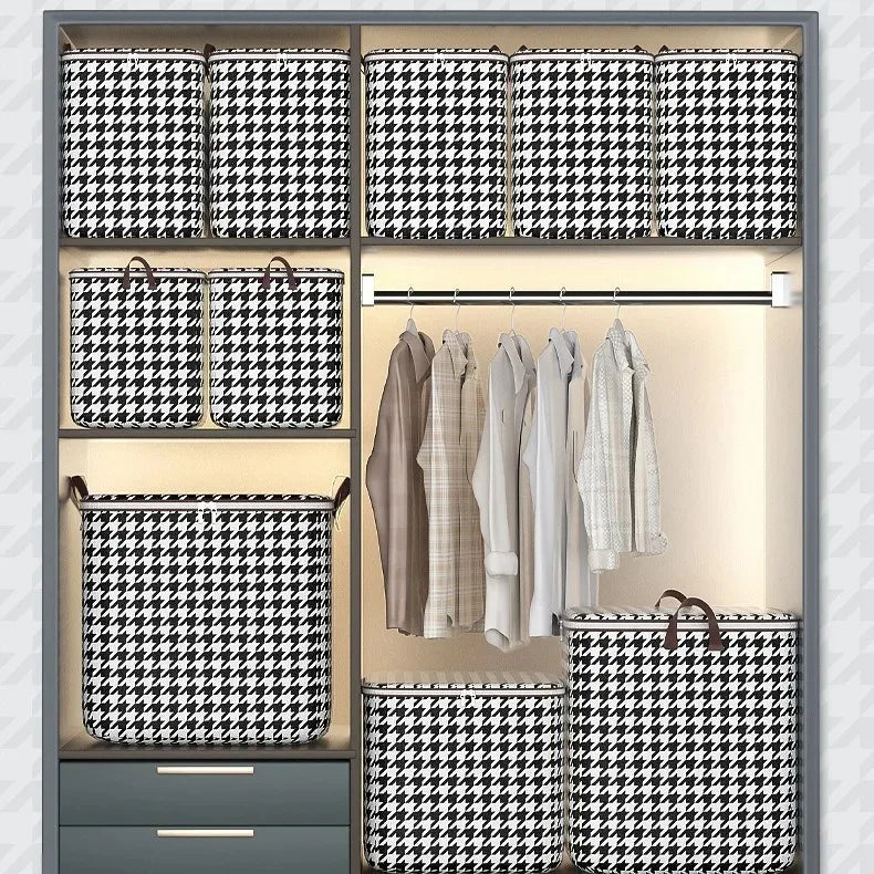 A storage cabinet displaying various plaid and checkered fabric storage boxes and hangers.