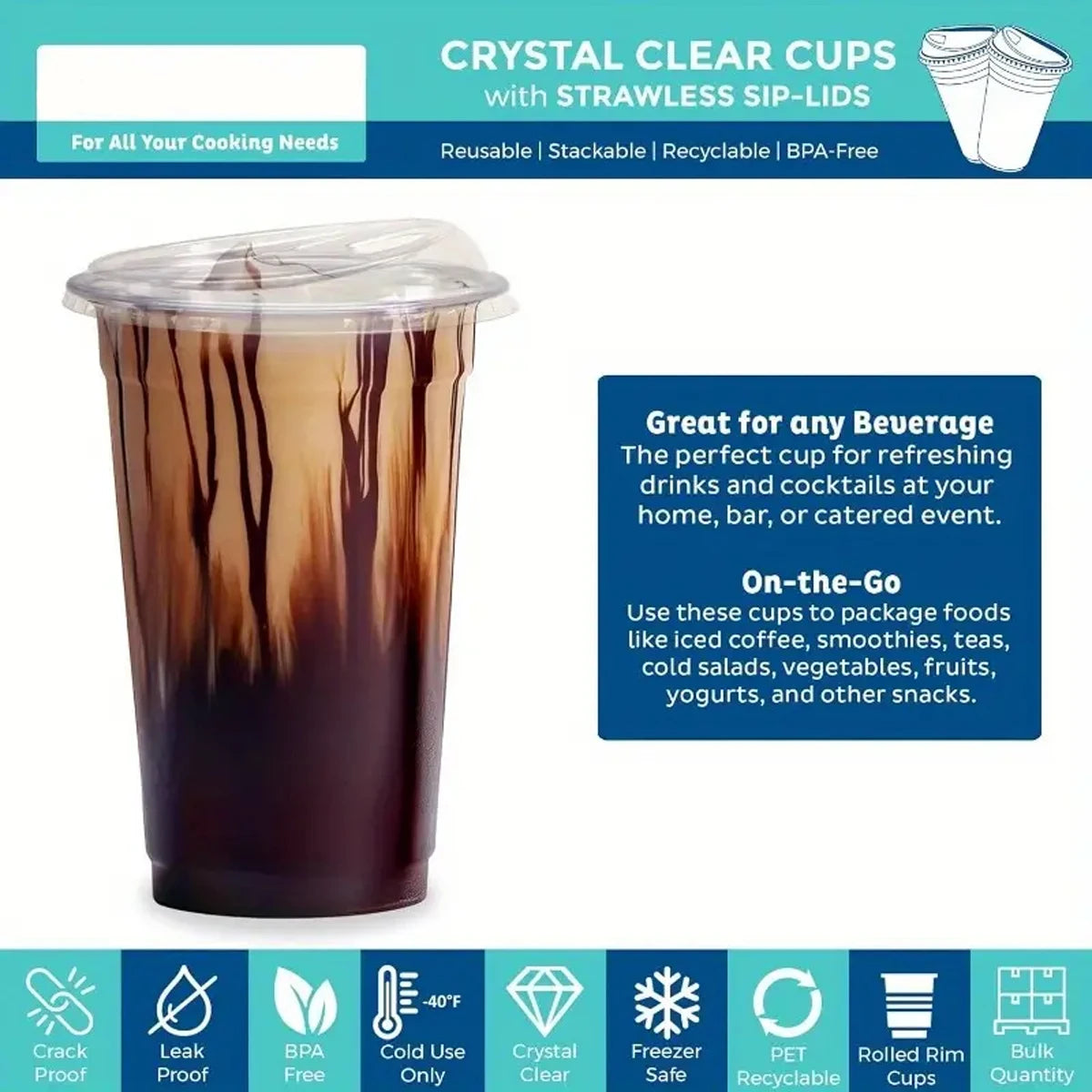 Clear disposable cups with strawless sip-lids for various beverages and foods
