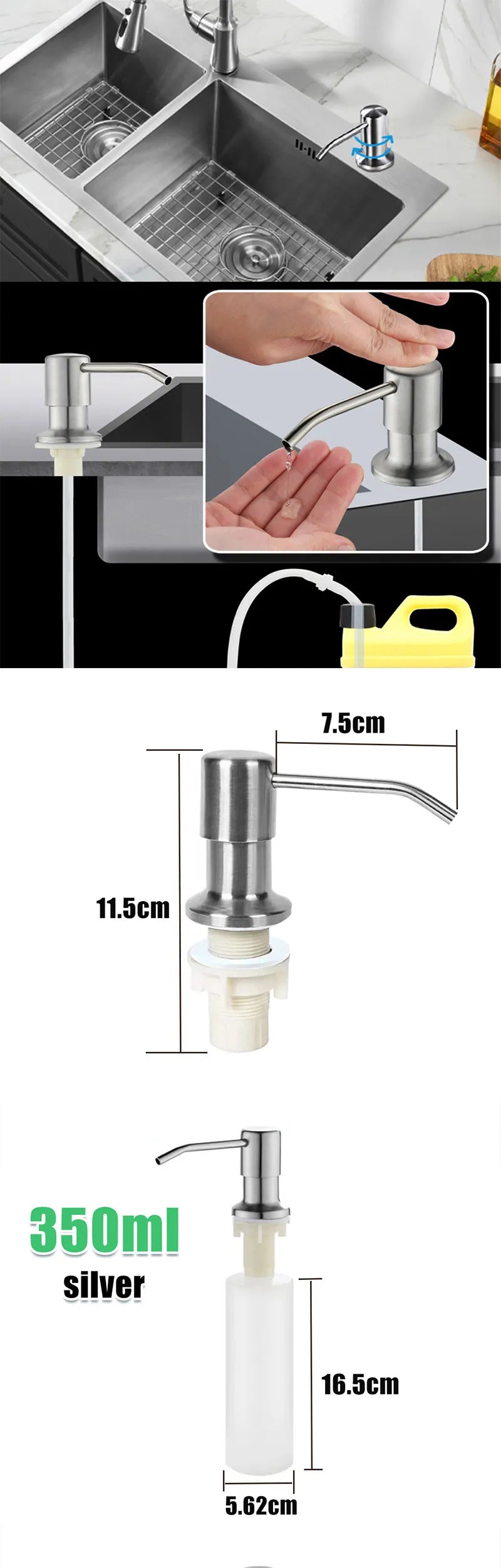 Stainless steel under-sink soap dispenser kit featuring a pump and extension tube.
