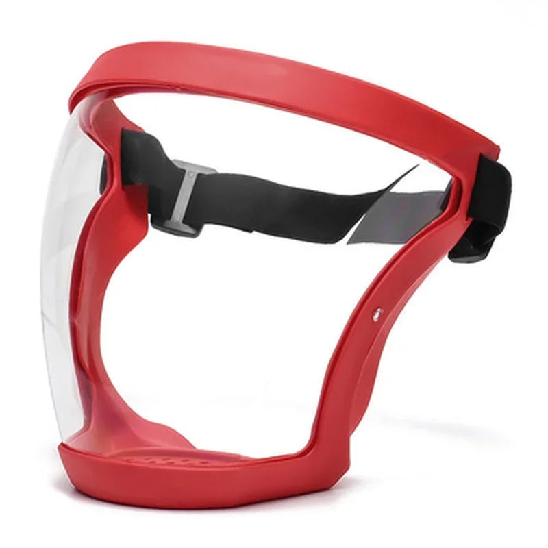 Red full face anti-splash protective goggles with black padding and clear lenses