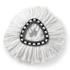Triangular microfiber mop head replacement pads with a white, fluffy texture and black trim.