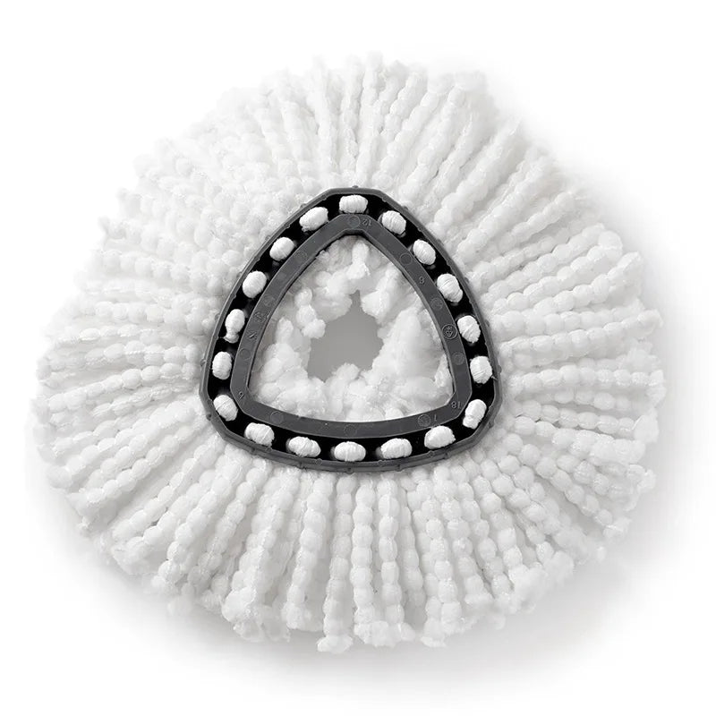Triangular microfiber mop head replacement pads with a white, fluffy texture and black trim.