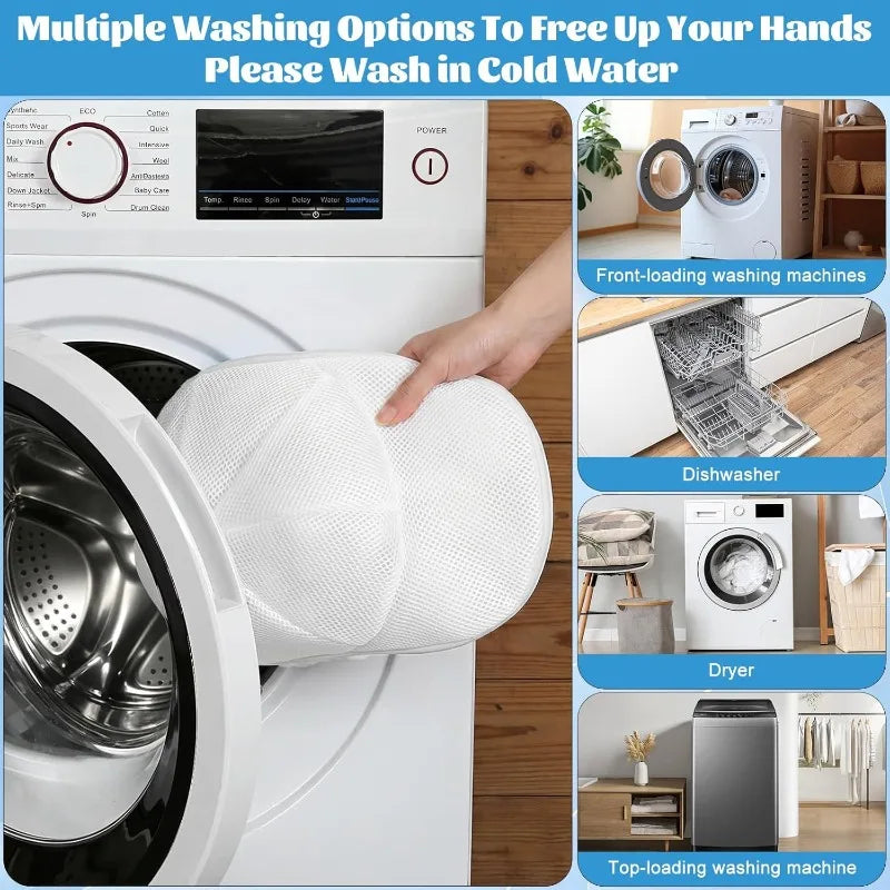 A white mesh laundry bag and hat washing cage are shown next to a washing machine.
