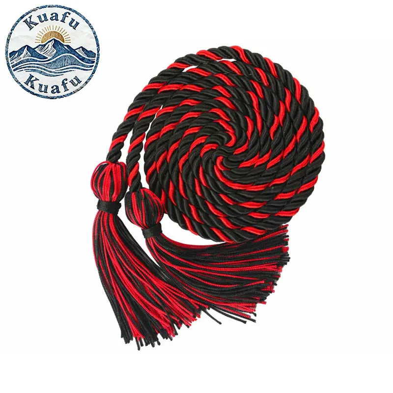 A spool of black and red graduation honor cord with long tassel ends.