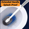 A wall-mounted toilet brush with an extended handle is shown cleaning inside a white toilet bowl.