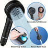 A black high pressure shower head is shown with removable silicone nozzles and a water stop button.