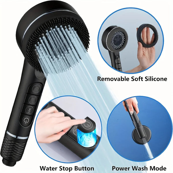 A black high pressure shower head is shown with removable silicone nozzles and a water stop button.