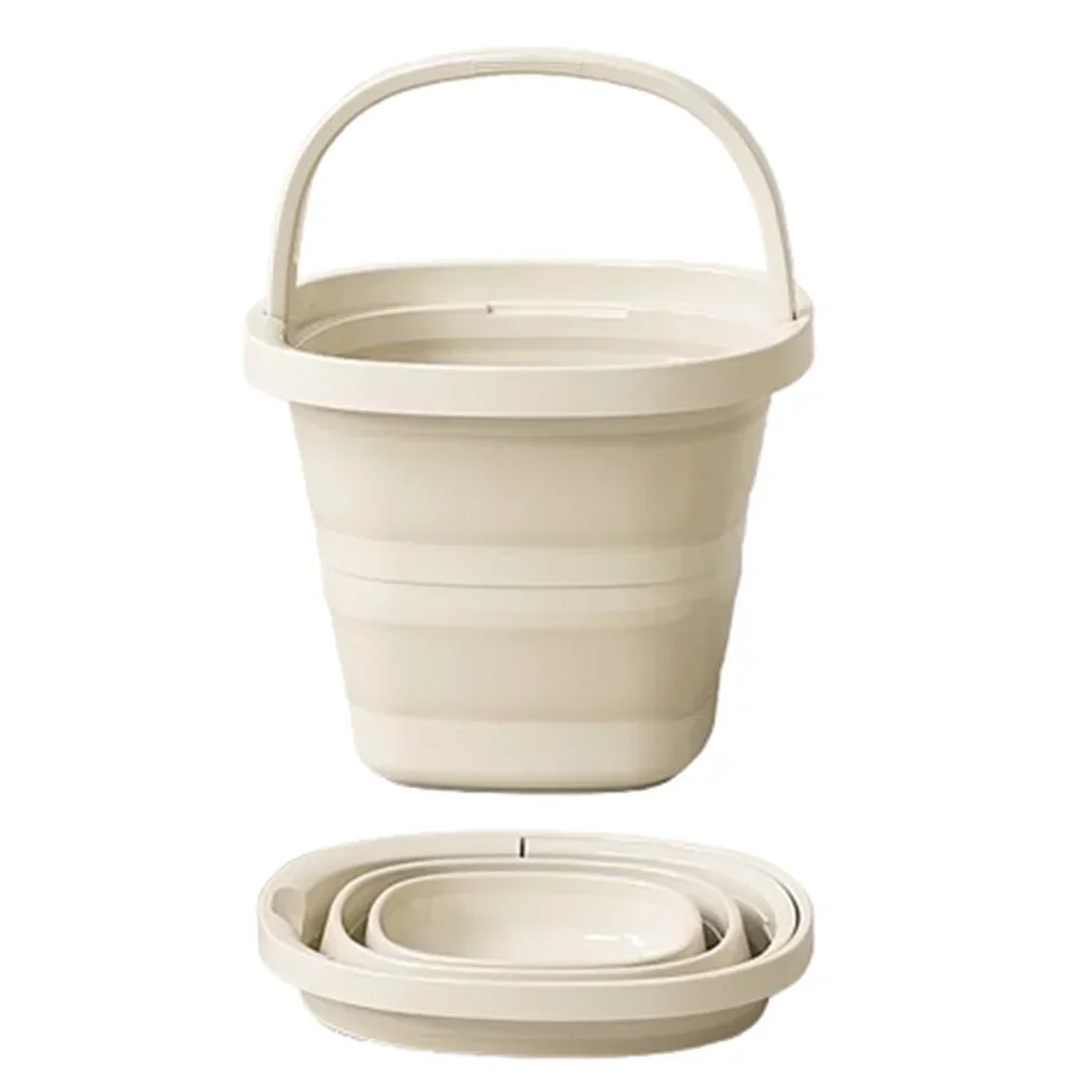 A beige durable foldable silicone bucket with a handle and a matching lid.
