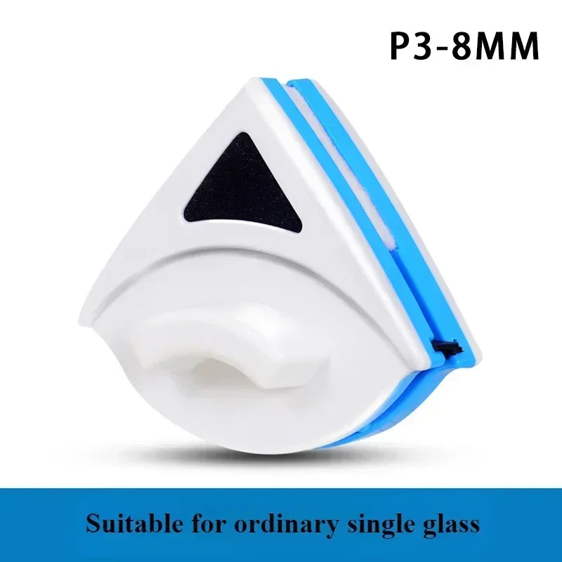 White magnetic window cleaner with a triangular design for cleaning glass.