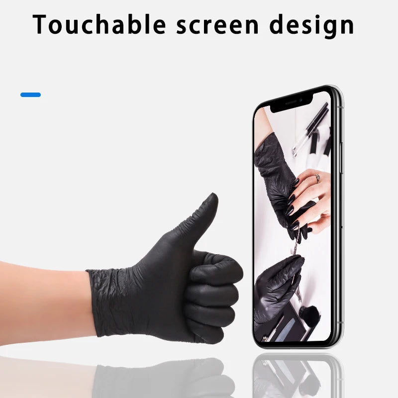 A hand wearing black disposable nitrile gloves is touching a smartphone screen displaying a touchscreen design feature.