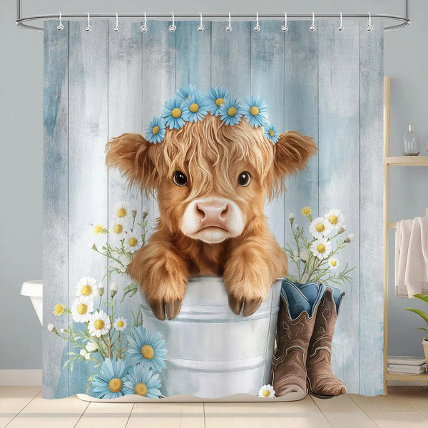 A fluffy brown calf head with blue flowers is featured on a rustic shower curtain design.