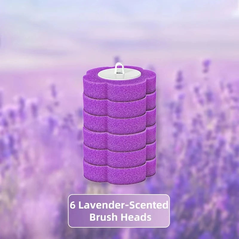 Tête de pinceau cylindrique violette avec manche blanc, partie d'un set de six têtes de pinceau parfumées à la lavande.