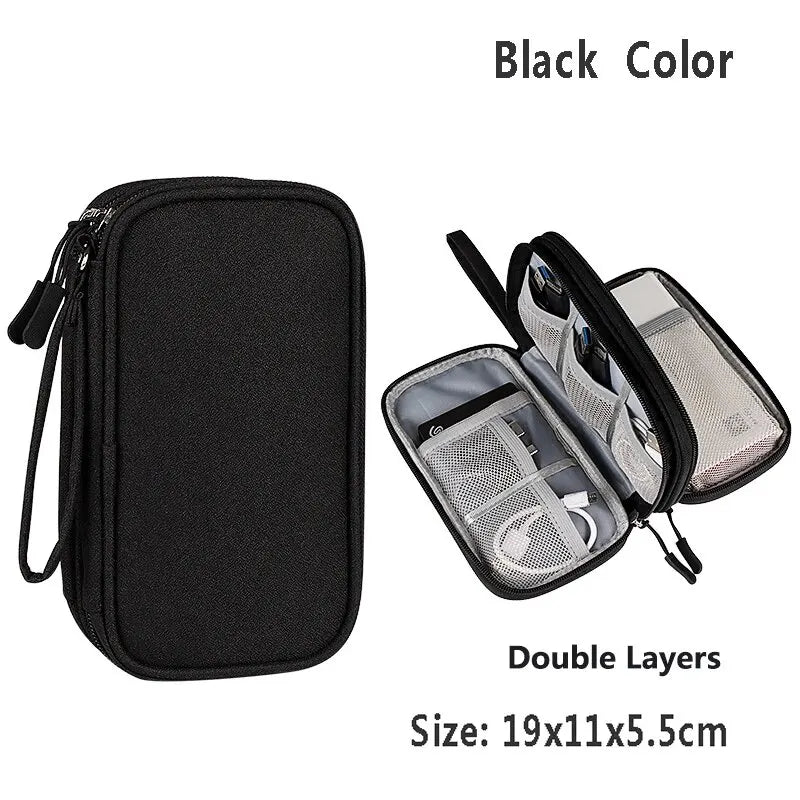 Black waterproof cable organizer travel case with double layers and dimensions 19x11x5.5cm