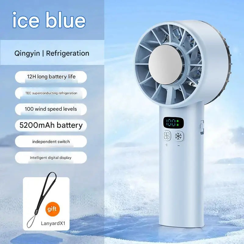 A white ice blue fan is shown standing on a surface with ice, featuring battery and speed control features.