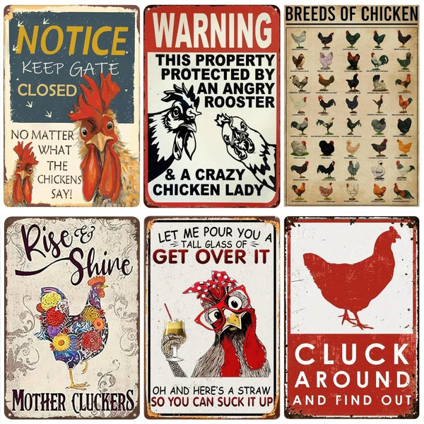 A collection of vintage metal tin signs featuring humorous and warning text about chickens.